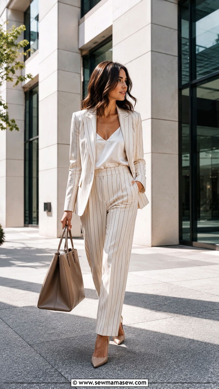 Pinstripe trousers with blazer - 30 spring striped outfit ideas