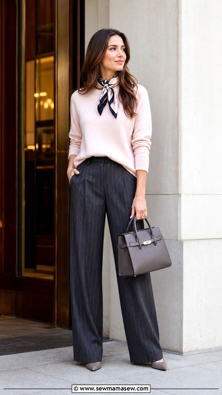 Pinstripe trousers with cashmere sweater outfit - 40 Parisian chic outfit ideas