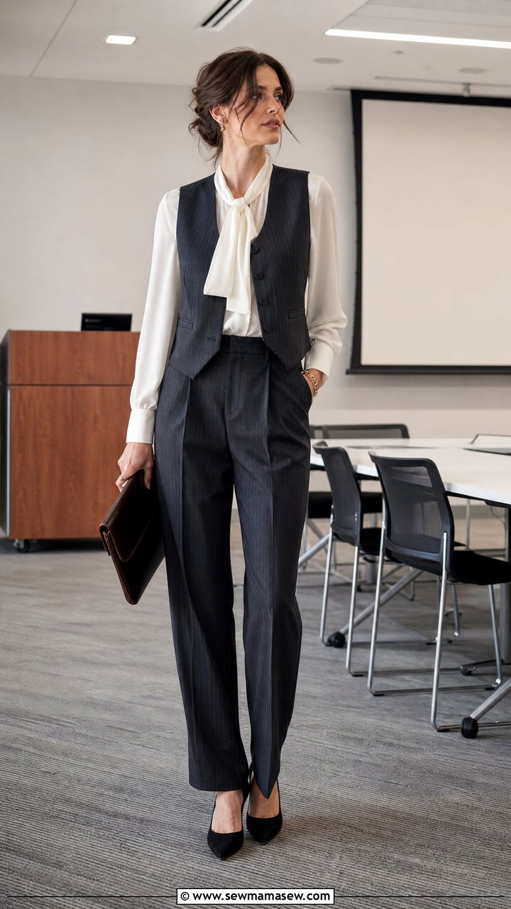 Pinstripe vest and trousers set with pointed toe heels - 25 Poetcore outfit ideas college professor aesthetic