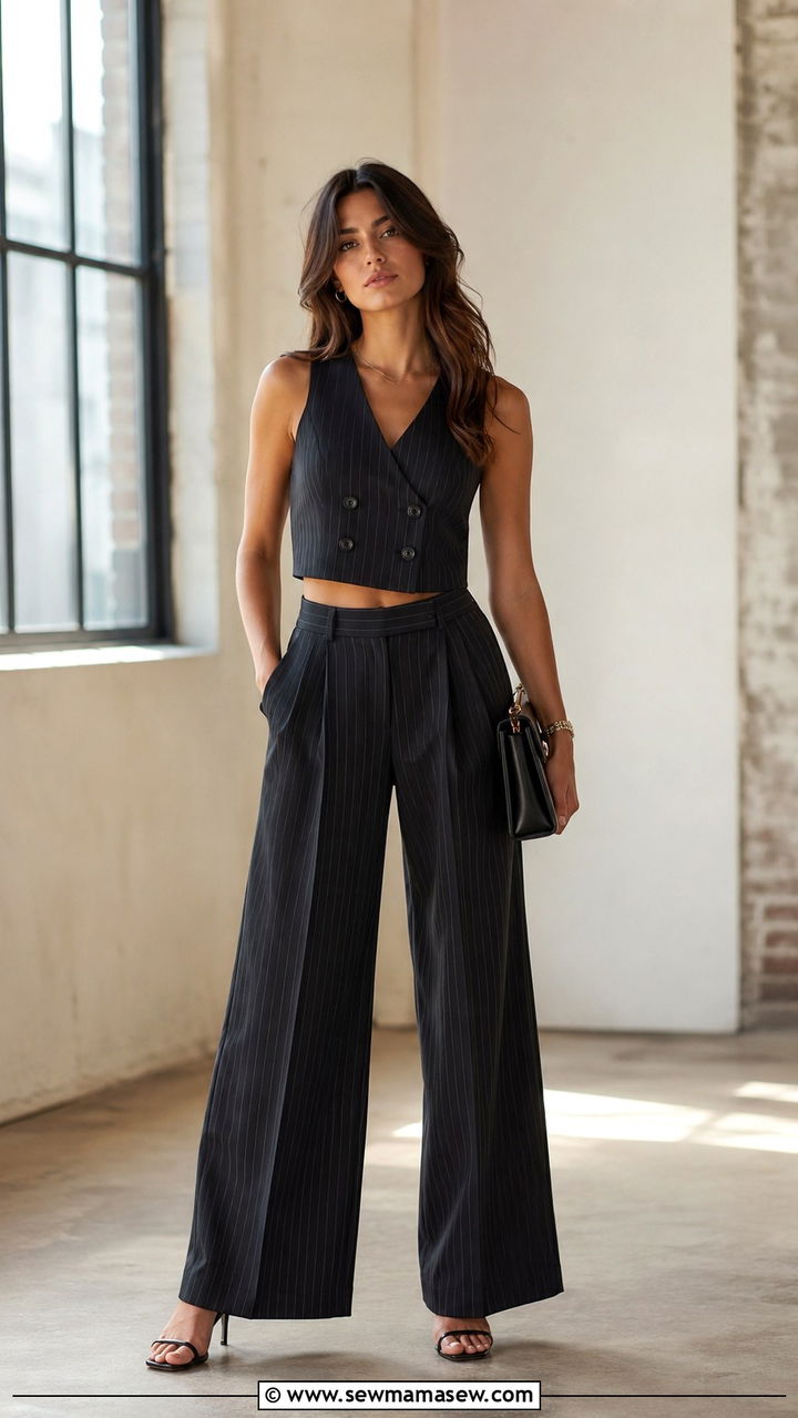 Pinstripe vest and wide leg pants set outfit - 30 Vest and pants matching set outfit ideas