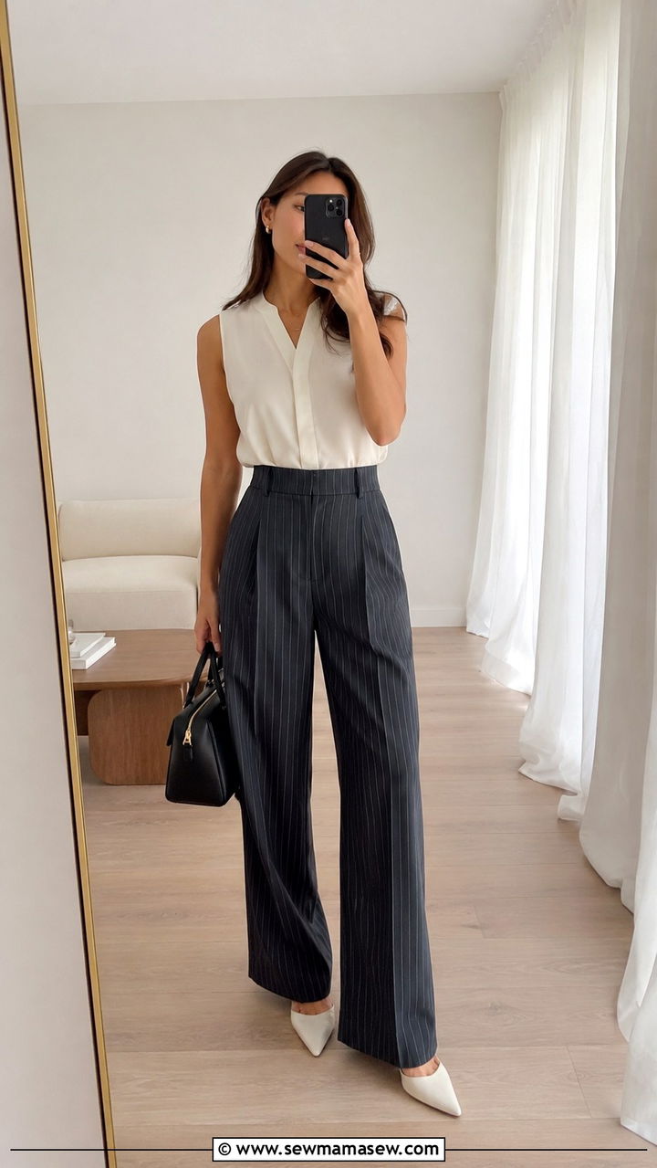 Pinstripe wide leg trousers and sleeveless blouse - 30 Petite office outfit ideas