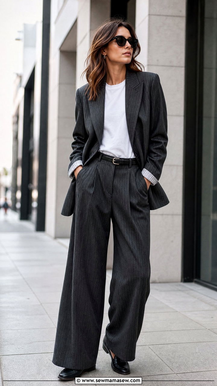 Pinstripe wide leg trousers with a matching pinstripe blazer - 25 Wide leg trousers outfit ideas with a blazer