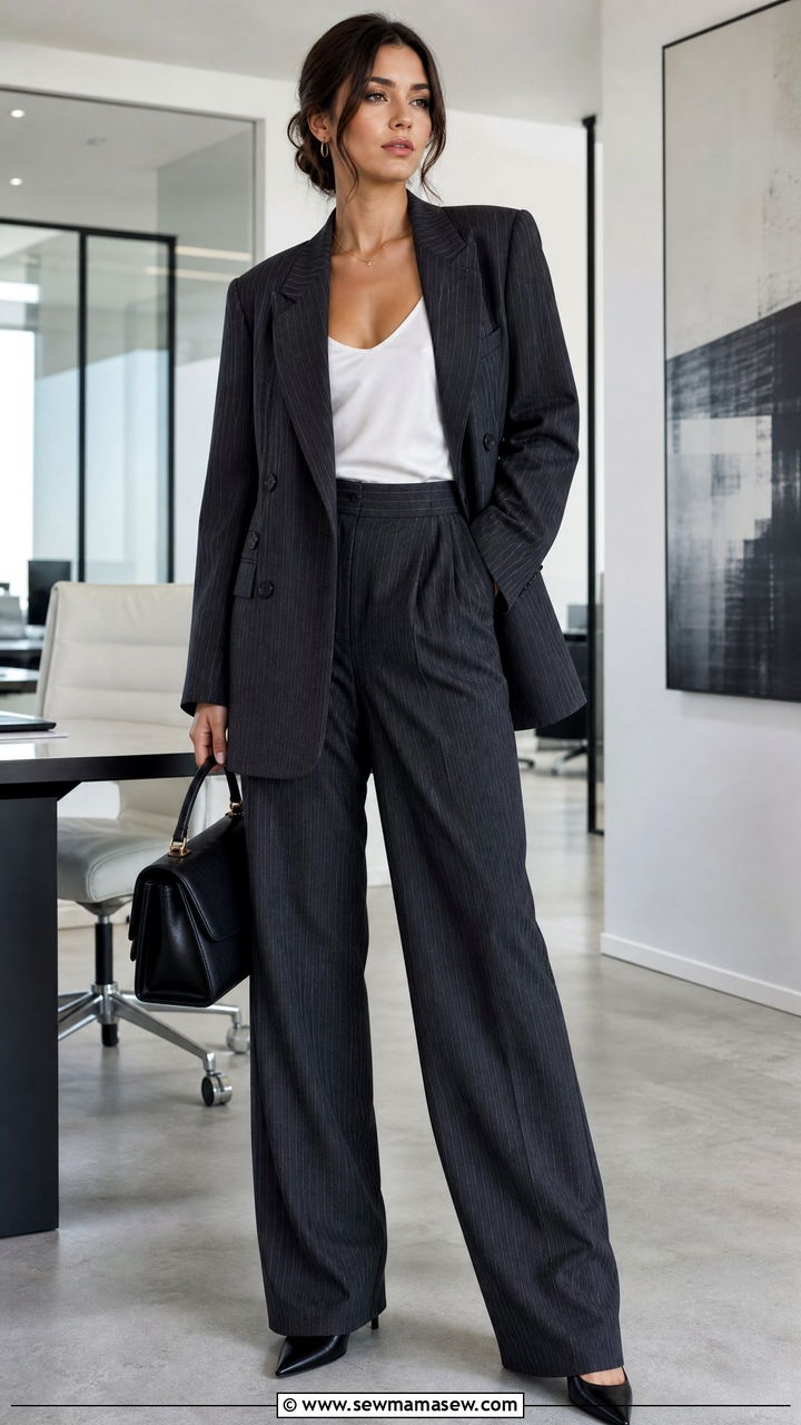 Pinstriped Blazer with Matching Trousers and Pointed Heels - 35 jacket outfits ideas