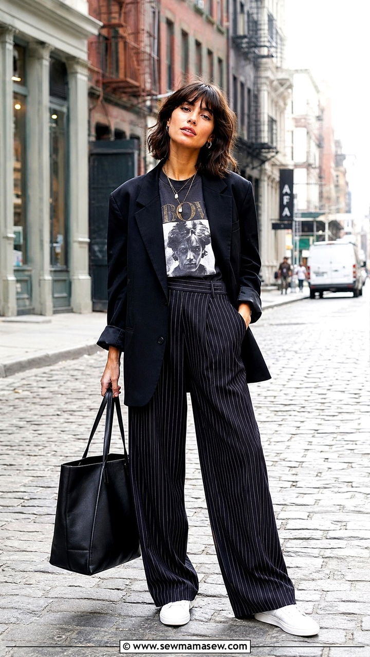 Pinstriped Trousers With Graphic Print Tee - 30 Spring outfits with trousers