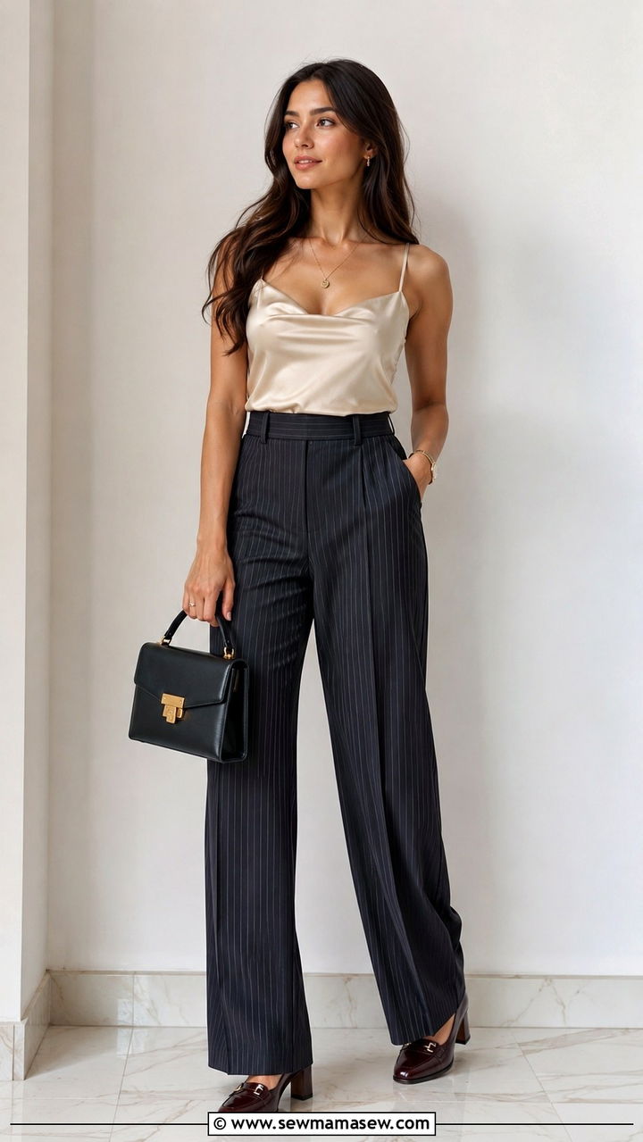 Pinstriped Trousers With Silk Camisole And Heeled Loafers - 30 Spring graduation party outfit ideas
