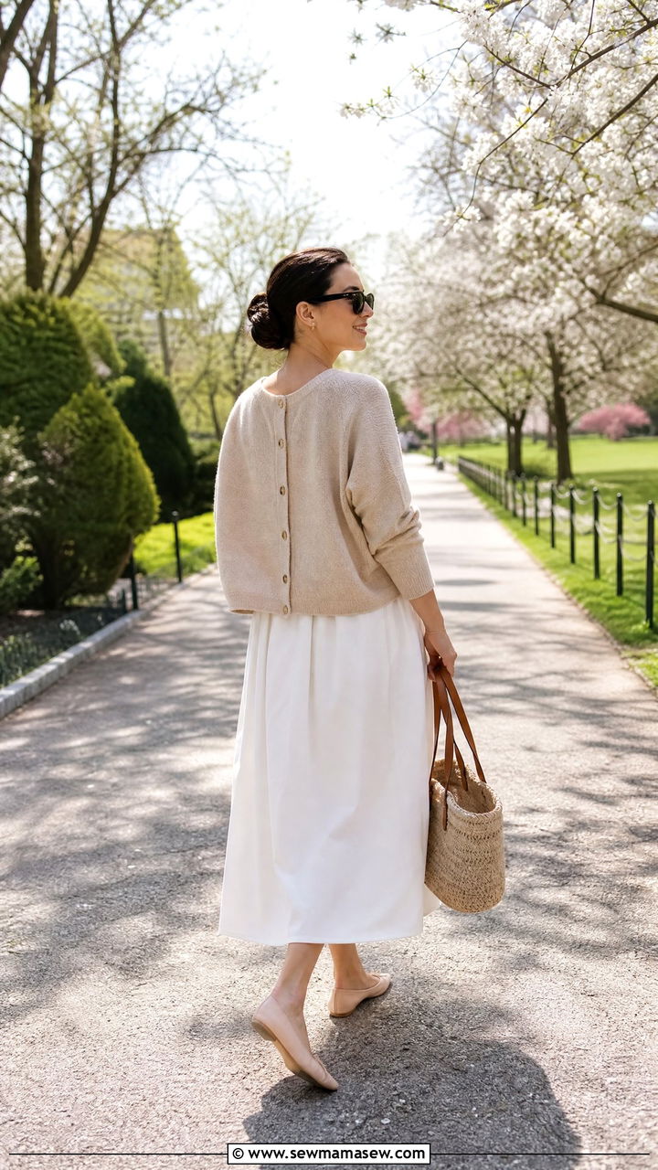 Pippae dress layered with a Gaspard cardigan - 25 French girl outfit ideas with Sezane dress