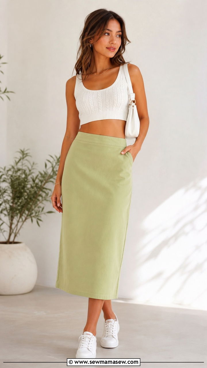 Pistachio Green Midi Skirt with White Cropped Top - 40 spring cute outfit ideas