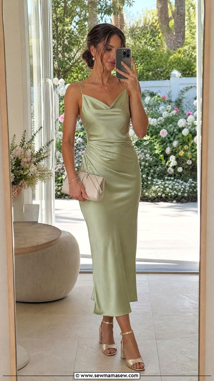 Pistachio Green Satin Midi Dress With Champagne Accessories - 35 Green dress outfit ideas for wedding guest