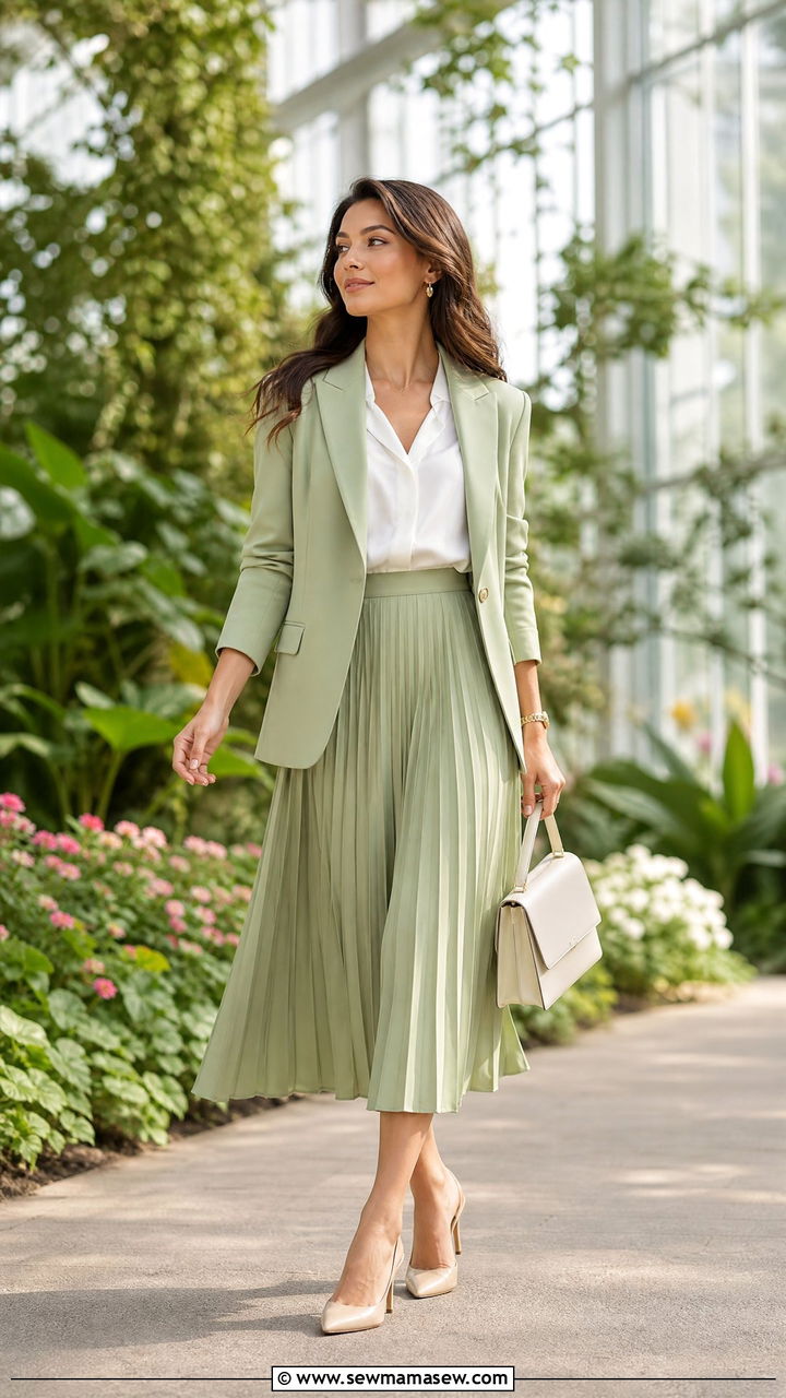 Pistachio Power Suit With Pleated Midi Skirt And Slingback Heels - 35 Modern office outfit ideas