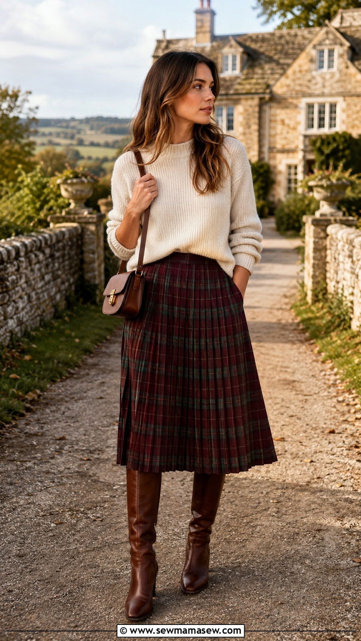 Plaid Belted Wrap Coat with Knee High Boots - 25 Old money outfit ideas with plaid