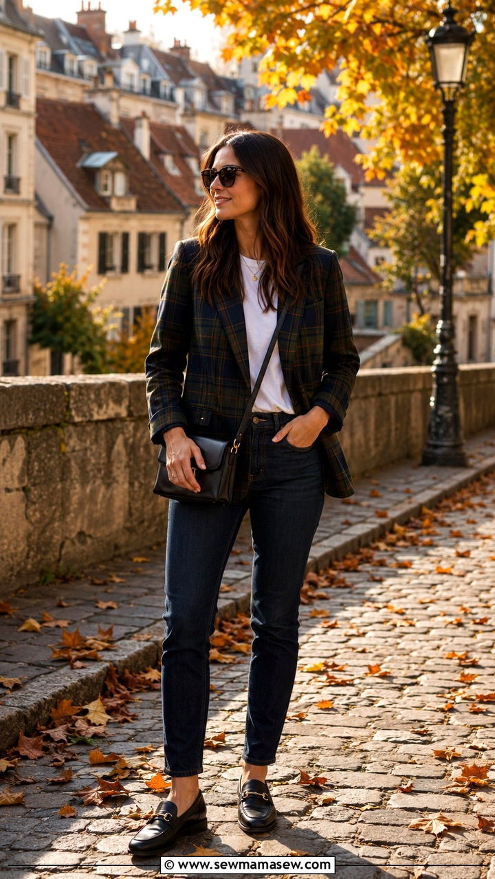Plaid Blazer And Dark Jeans Autumn Outfit - 25 seasonal travel outfit ideas