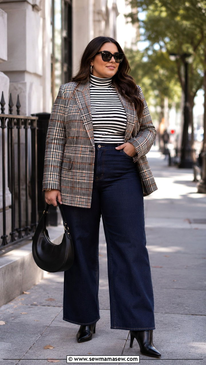Plaid Blazer And Striped Turtleneck Outfit For Plus Size - 25 Preppy outfits for curvy women