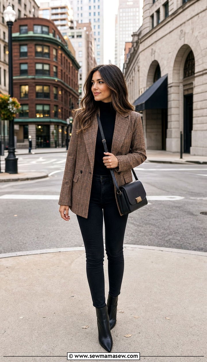 Plaid Blazer Black Turtleneck Dark Jeans Outfit - 35 Boston outfit ideas