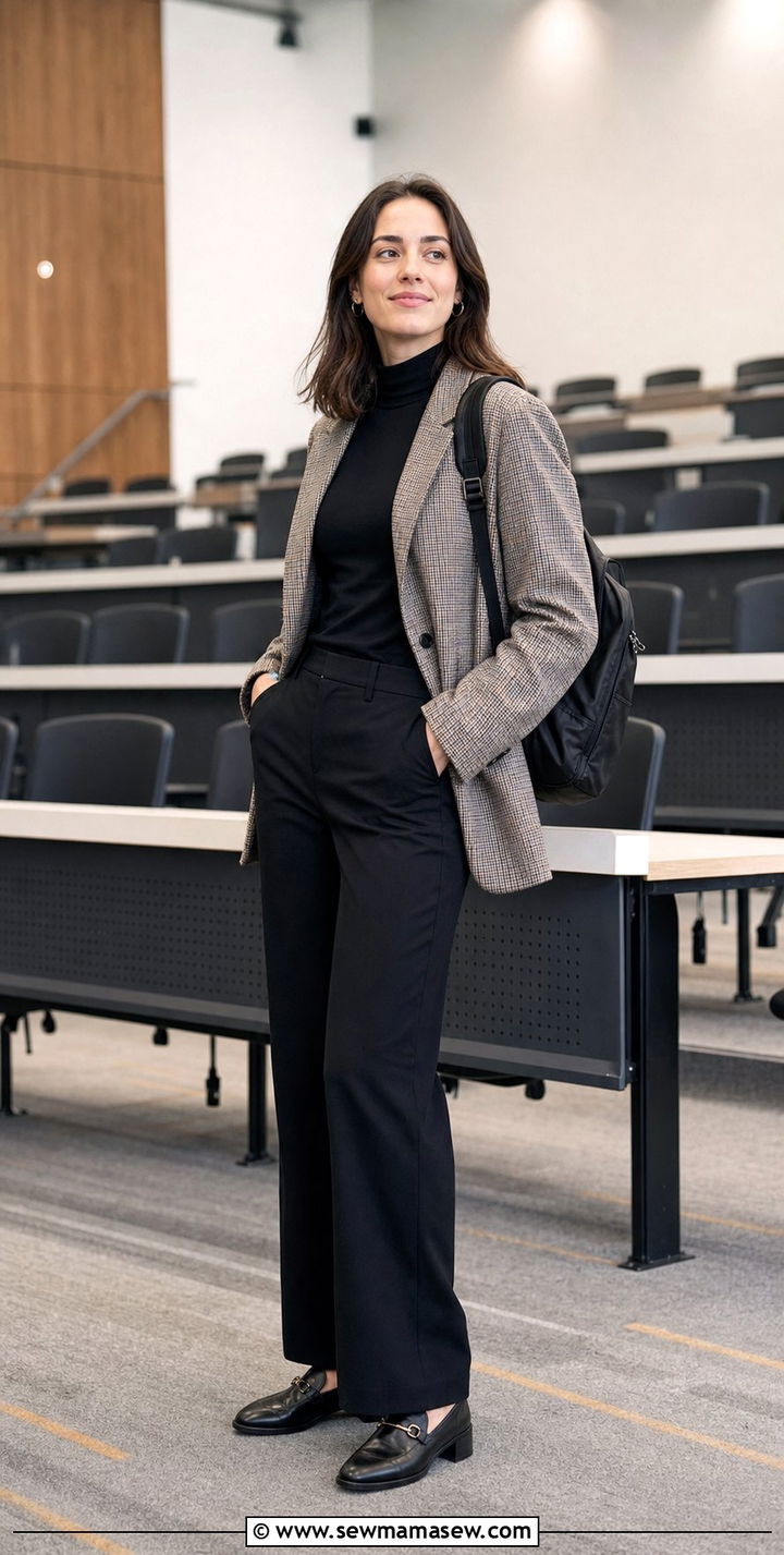 Plaid Blazer Black Turtleneck Wide Leg Pants Outfit - 25 college outfits aesthetic