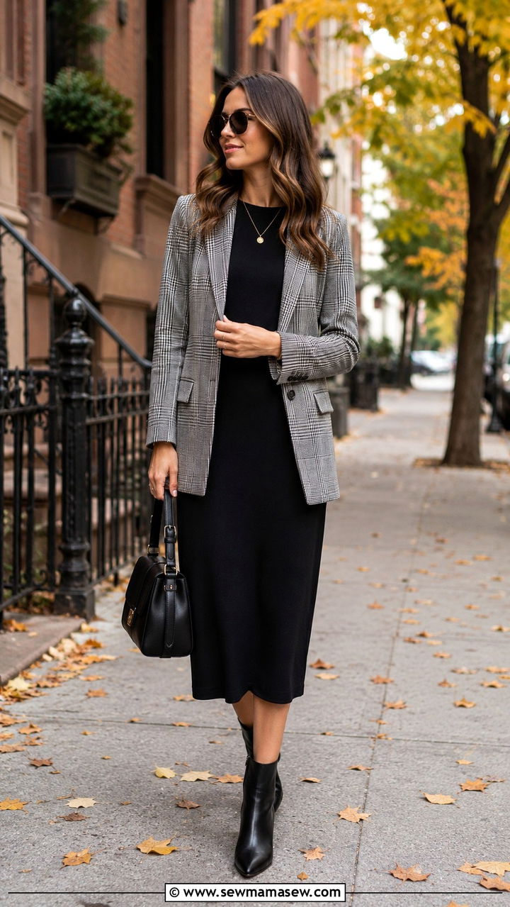 Plaid Blazer Over Solid Midi Dress - 30 Midi dress with blazer outfit ideas