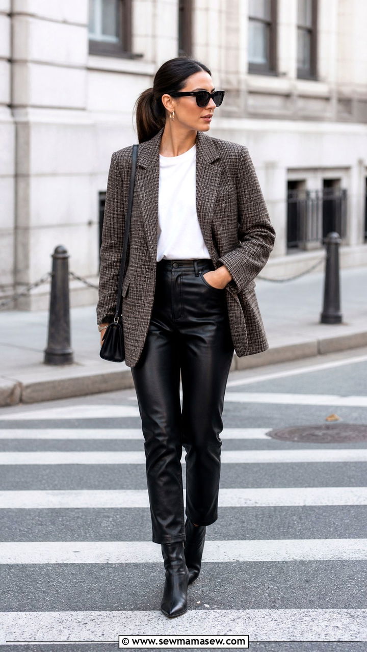 Plaid Blazer Over White Tee And Black Faux Leather Pants - 40 grunge outfits
