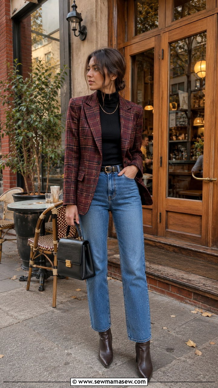 Plaid Blazer Turtleneck Straight Leg Jeans Ankle Boots - 30 NYC brunch outfit ideas