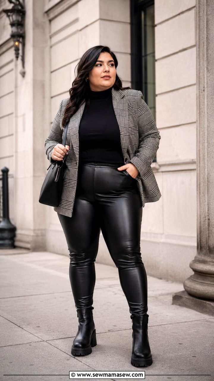 Plaid Blazer With A Turtleneck And Leather Leggings - 30 Plus size outfit ideas with blazer