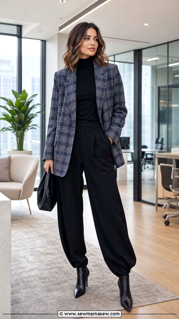 Plaid Blazer With Black Balloon Pants Office Outfit - 35 balloon pants outfits ideas