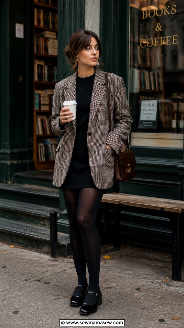 Plaid Blazer With Black Mini Dress and Mary Janes - 30 Mini dress outfit ideas with blazer