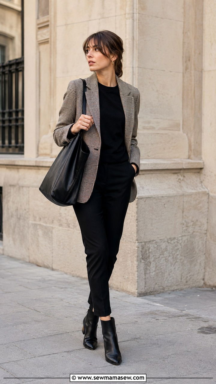 Plaid Blazer With Black Skinny Trousers - 30 classy parisian outfit ideas
