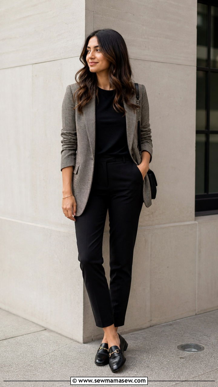 Plaid Blazer With Black Trousers And Simple Tee - 40 casual work outfits