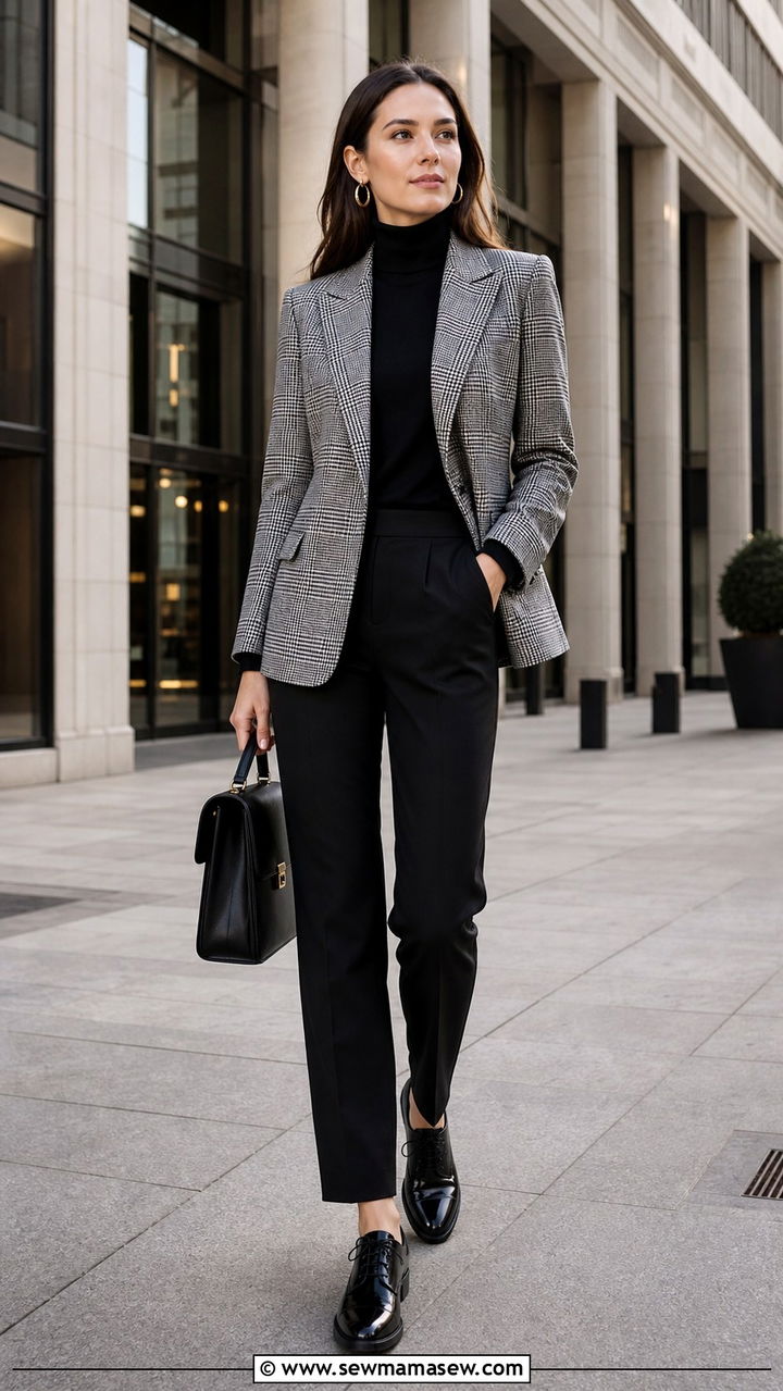 Plaid Blazer With Black Trousers - 40 French girl outfit ideas