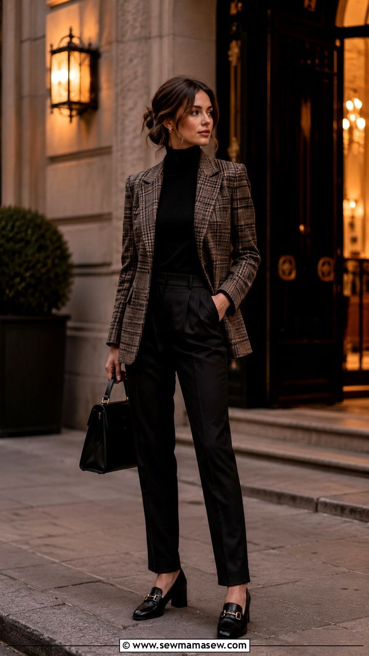 Plaid Blazer With Black Turtleneck And Dark Trousers - 30 preppy outfit ideas for women