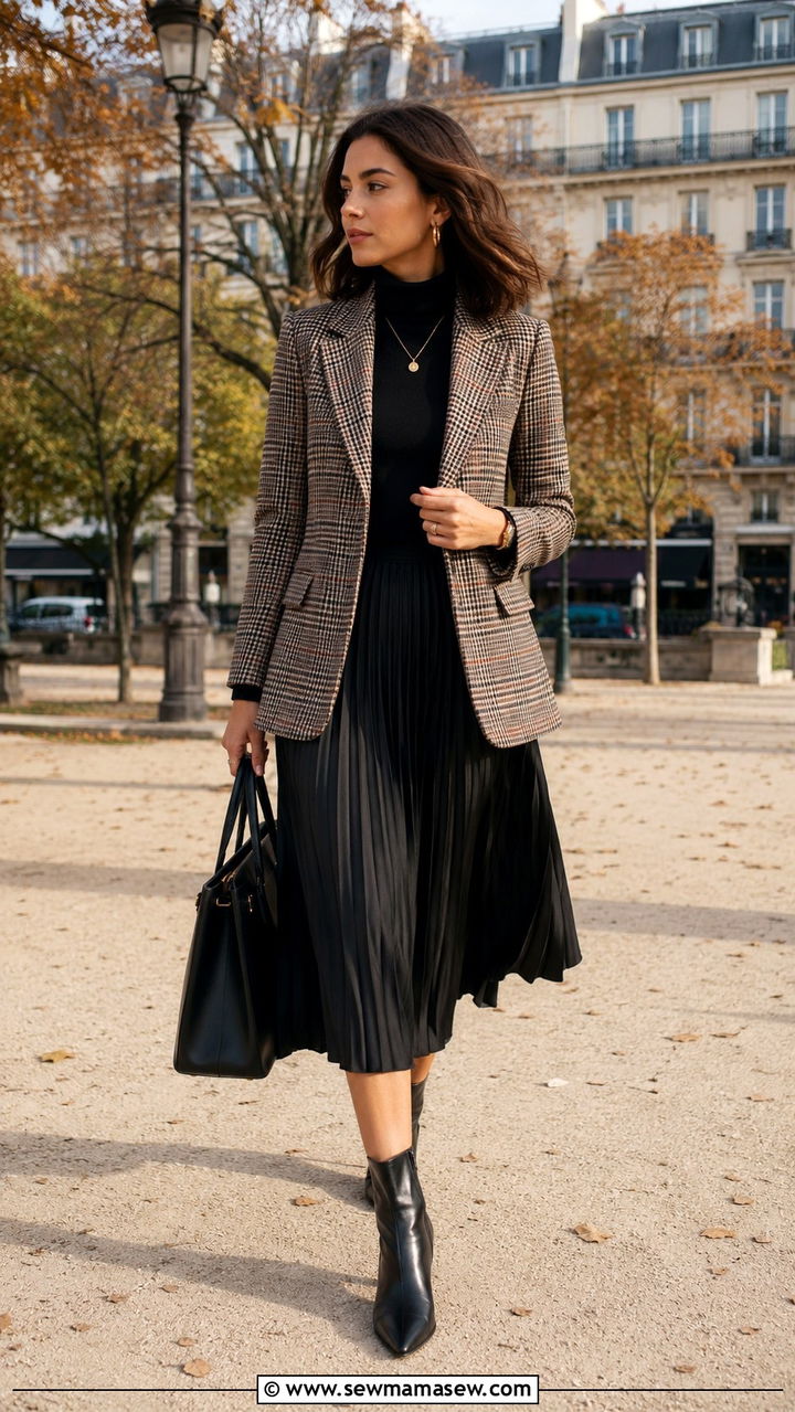 Plaid Blazer With Black Turtleneck And Pleated Midi Skirt - 30 classy French girl outfits