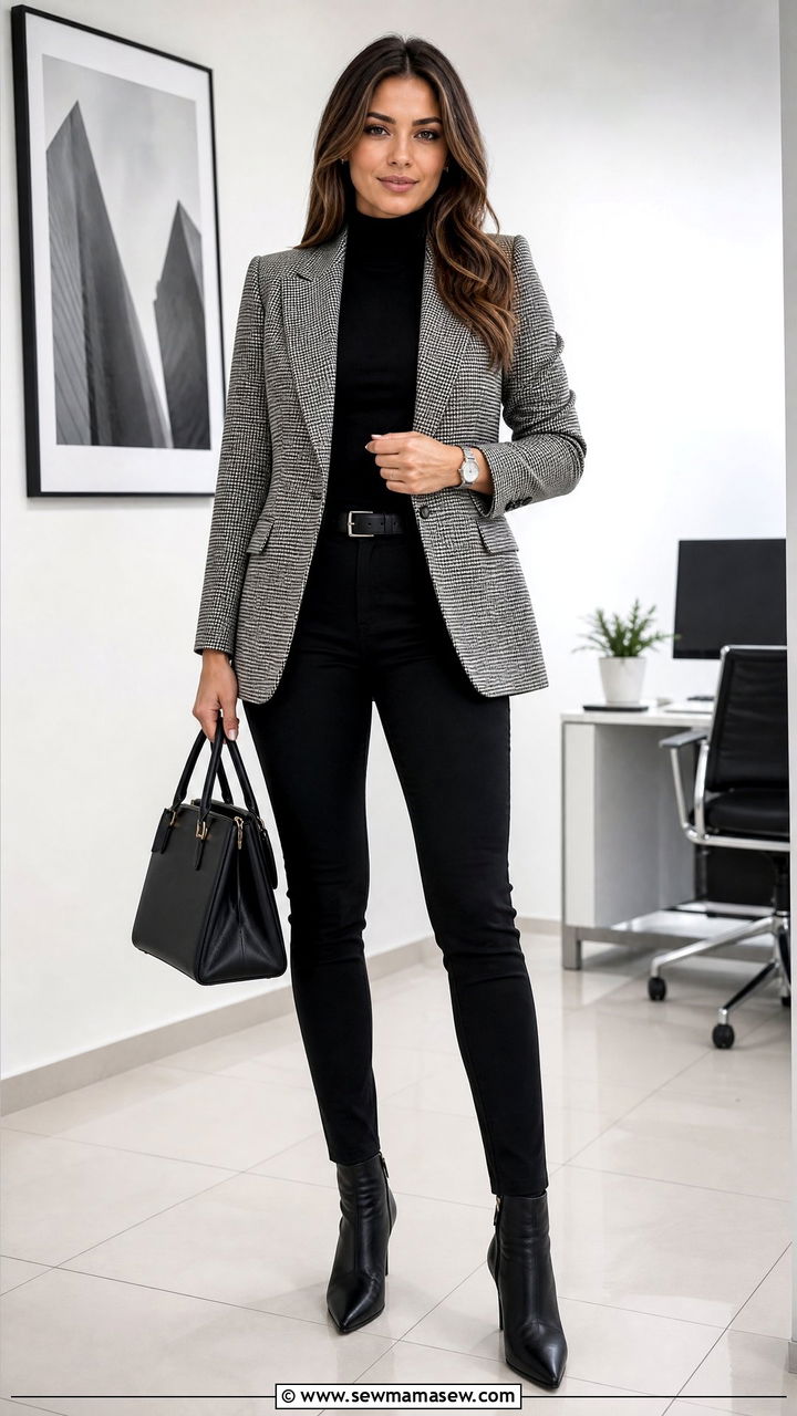 Plaid Blazer With Black Turtleneck And Skinny Trousers - 25 jacket outfits aesthetic