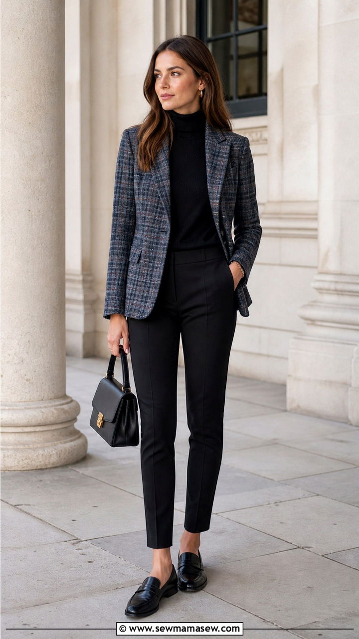Plaid Blazer With Black Turtleneck And Slim Trousers - 20 College outfit ideas preppy 2026