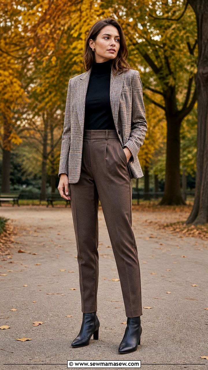 Plaid Blazer With Black Turtleneck And Tailored Brown Trousers - 40 casual blazer outfits