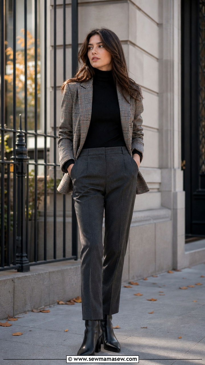Plaid Blazer With Black Turtleneck And Tailored Trousers - 40 blazer outfit ideas for women