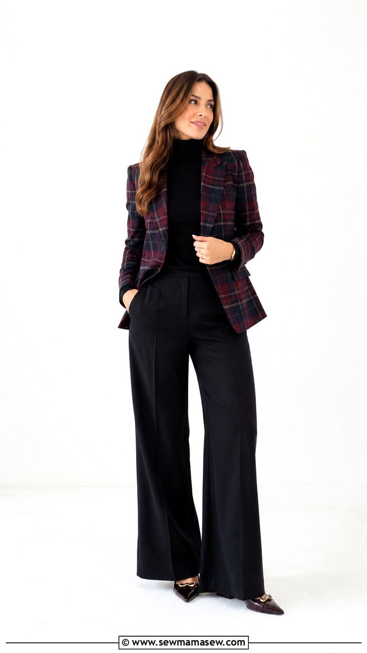 Plaid Blazer With Black Turtleneck And Wide Leg Trousers - 30 Preppy work outfits