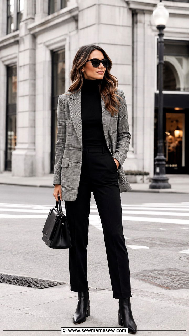 Plaid Blazer With Black Turtleneck and Black Trousers - 30 classy Pinterest outfits