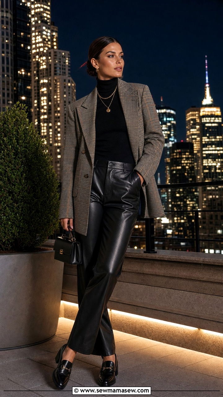 Plaid Blazer With Black Turtleneck and Leather Pants - 25 Eclectic grandpa outfit ideas
