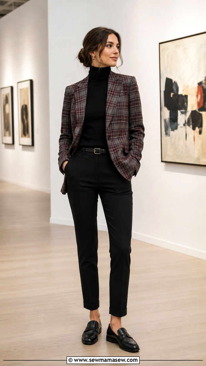 Plaid Blazer With Black Turtleneck and Slim Trousers - 30 casual preppy outfits