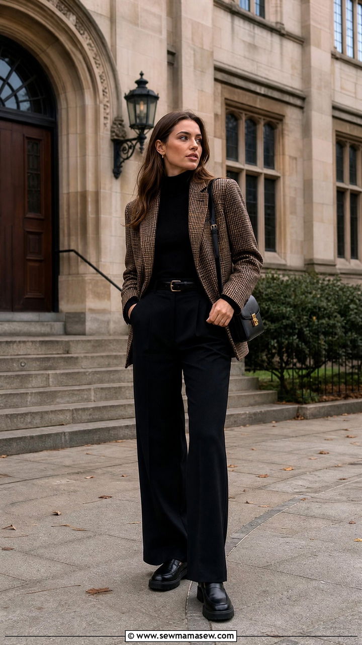 Plaid Blazer With Black Turtleneck and Wide Leg Trousers Outfit - 25 Ivy league outfit ideas 2026