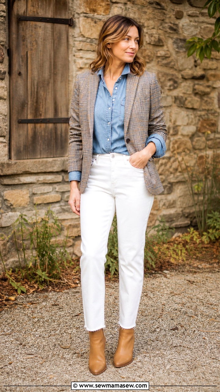 Plaid Blazer With Chambray Shirt And White Jeans - 40 casual blazer outfits