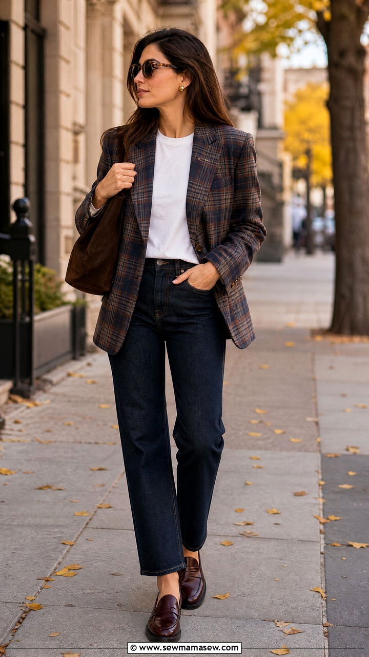 Plaid Blazer With Dark Denim And Burgundy Loafers - 30 French girl outfit ideas with loafers