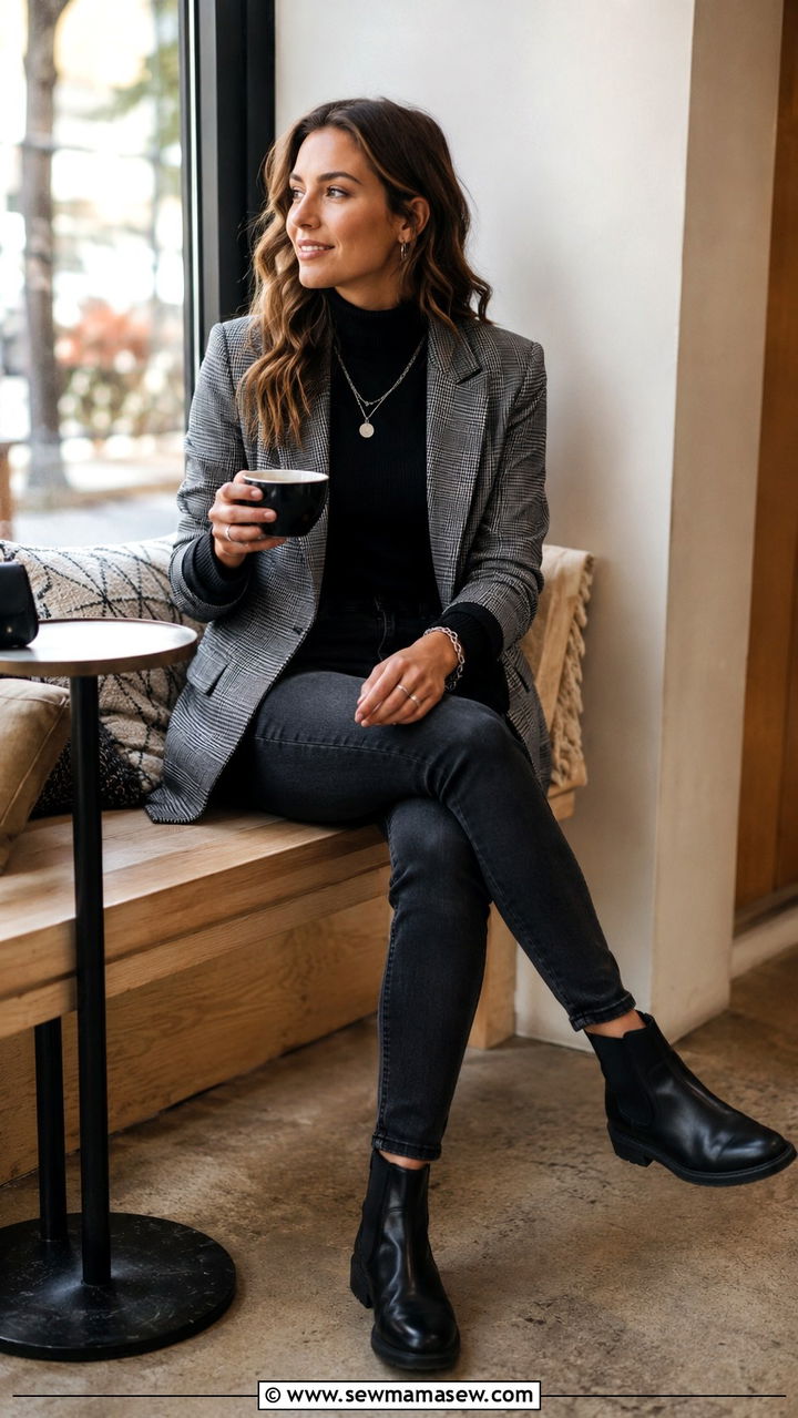 Plaid Blazer With Dark Denim and Chelsea Boots - 30 transitional business casual outfits