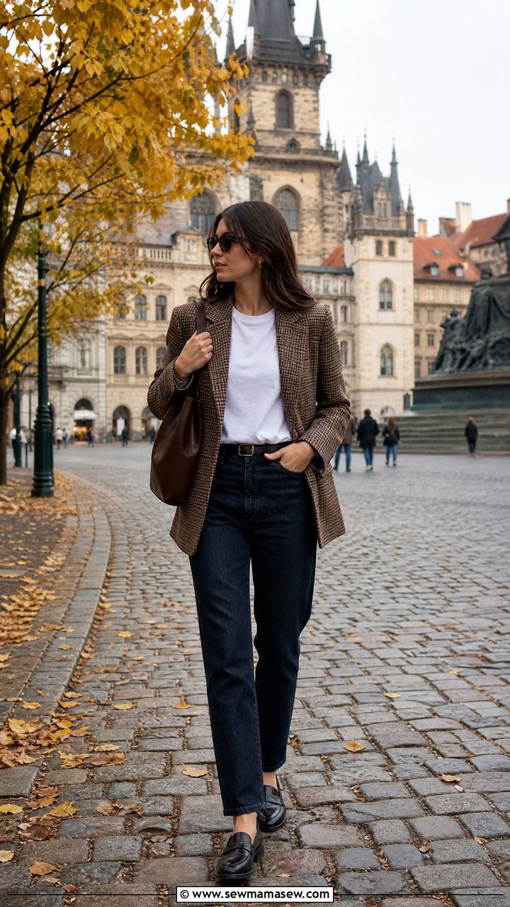 Plaid Blazer With Dark Denim and Loafers Outfit - 25 Prague outfit ideas