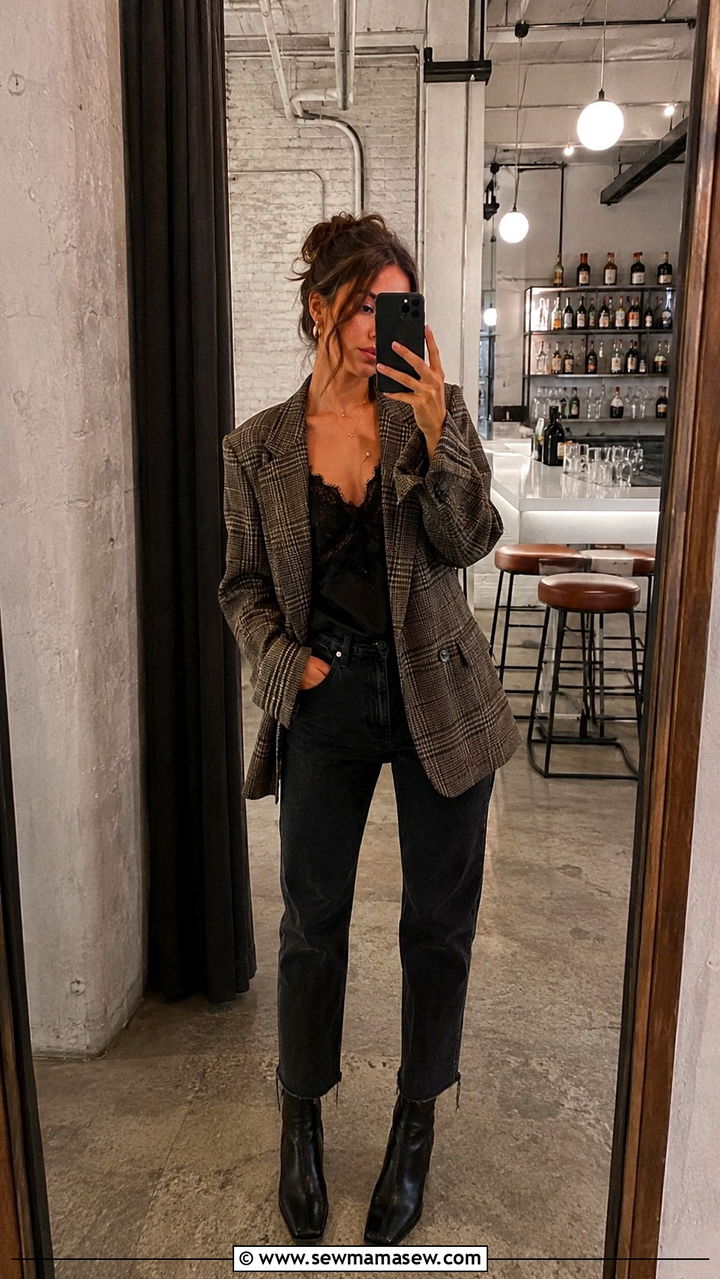 Plaid Blazer With Dark Denim and a Lace Top Camisole - 30 casual poetcore outfits