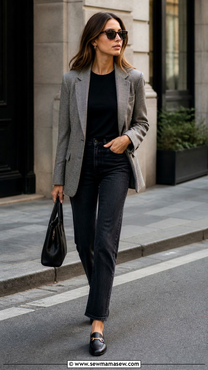 Plaid Blazer With Dark Denim - 40 Casual office outfit ideas