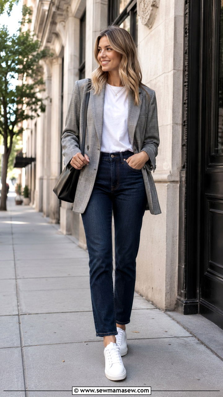 Plaid Blazer With Dark Jeans And White Sneakers - 25 Work outfits with sneakers and jeans