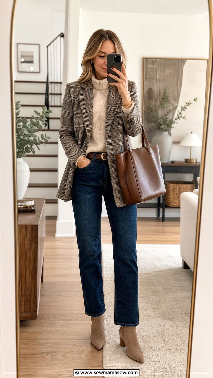 Plaid Blazer With Dark Jeans Client Outfit - 30 Client meeting outfit ideas