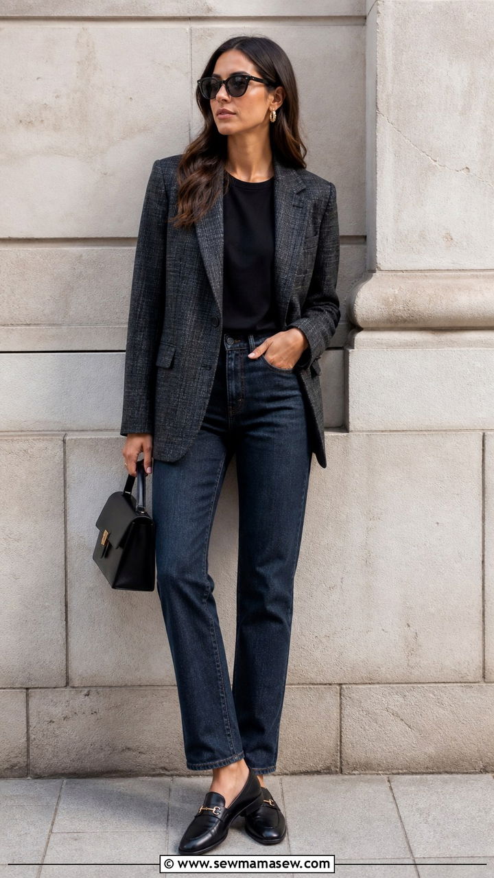 Plaid Blazer With Dark Jeans and Leather Loafers - 40 French girl outfits ideas