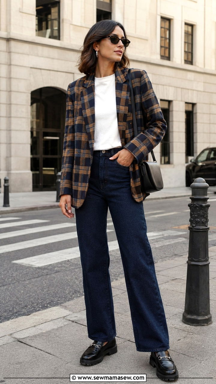 Plaid Blazer With Dark Wash Jeans - 30 transitional cute outfit ideas