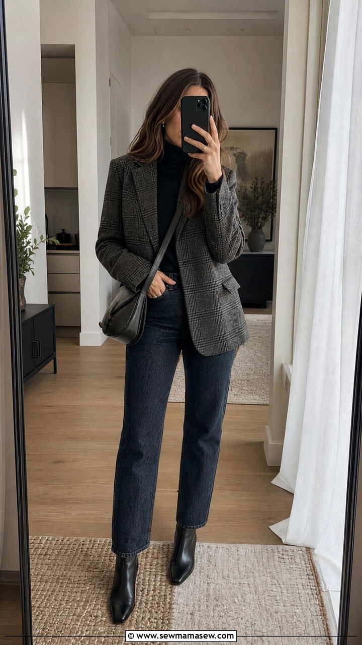 Plaid Blazer With Dark Wash Jeans And Ankle Boots - 35 jacket outfits
