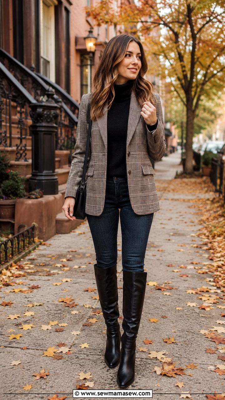 Plaid Blazer With Dark Wash Skinny Jeans And Knee High Boots - 30 Tailored blazer outfit ideas with jeans